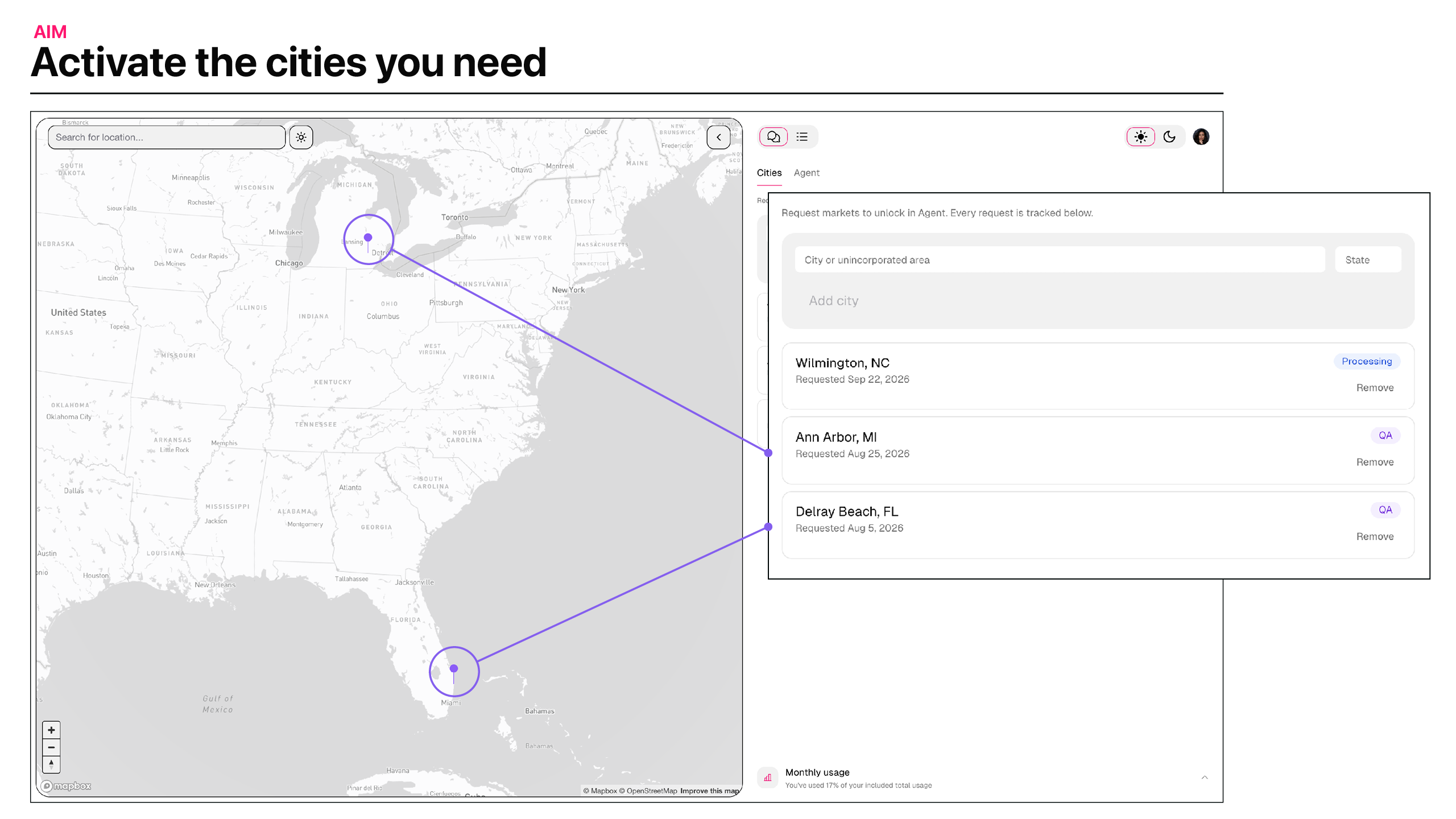 AIM city activation workspace showing requested cities in preparation and quality assurance